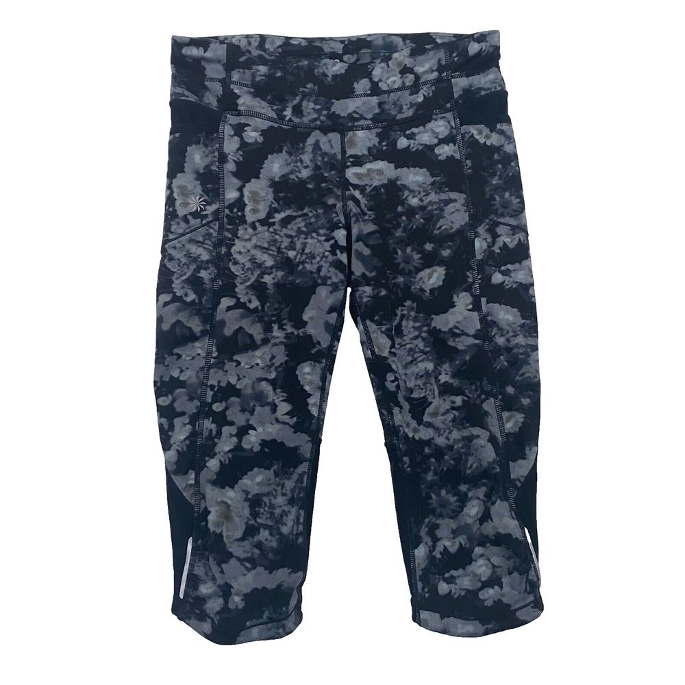 Athleta Women Small Capri‎ Leggings Pants Black Gray Camouflage Pull On Pockets